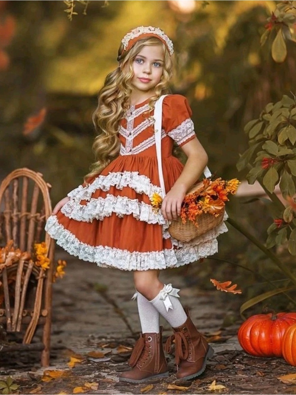 Dollcake Girls Little Prayers Burnt Orange Lace-Trimmed Cotton Dress